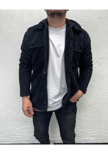 Unisex Siyah Düğme Detaylı Cepli Peluş Ceket Siyah