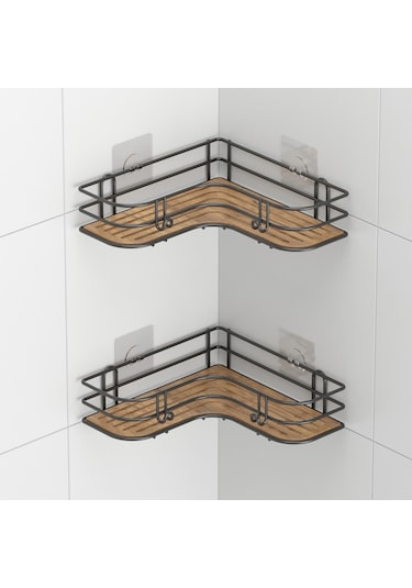 Teknotel Yapışkanlı Kancalı 2 Adet Banyo Köşe Rafı Siyah St278
