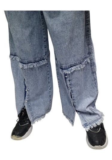 Kız Çocuk Beli Lastikli Çıtçıt Detaylı Cepli Palazzo Model Mevsimlik Mavi Kot Pantolon Açık Mavi