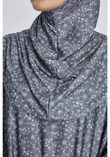 Pratik Tek Parça Çiçek Desenli Namaz Elbisesi Füme