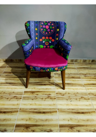 Azra Mobilya - Roma Çay Seti Koltuk Takımı - Babyface Kumaş - Ahşap Demonte Ayak Etnik Desen Fuşya