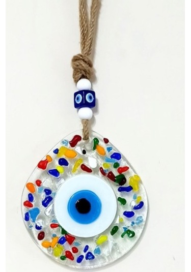 Gökkuşağı Renklerinde Nazar Boncuklu Damla Model Şeffaf Cam Duvar Süsü