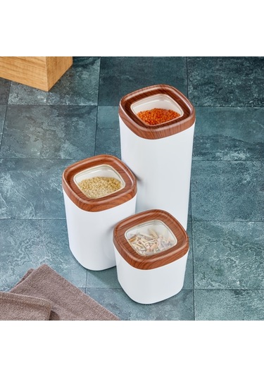 Ceronni Bonny Erzak Saklama Kabı 3lü Set Ahşap Kaplama Kapak Renkli Hazne 1,8lt - 1lt - 600ml Koyu Ahşap Ahşap