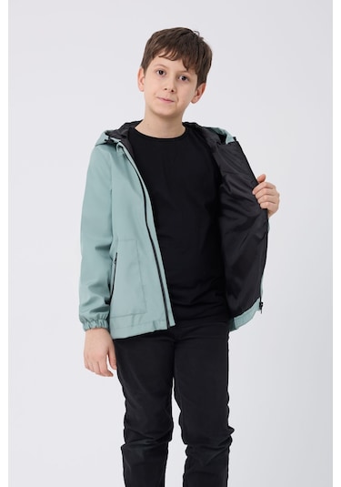 Erkek Çocuk Mint Yeşili İçi Astarlı Su Ve Rüzgar Geçirmez Kapüşonlu Çift Fermuarlı Cepli Mont Mint Yeşili