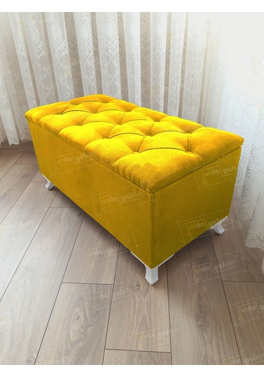 Sandıklı Kapitoneli Ayakucu Puf Bench 110 Cm Beyaz Ayak Sarı