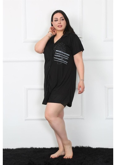 Akbeniz Büyük Beden Penye Düğmeli Siyah Tunik Gecelik 1025-siyah Siyah