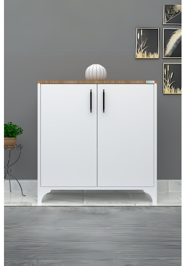 %100 Mdf 2 Kapaklı Küp Üstü Desenli Ayakkabılık Beyaz