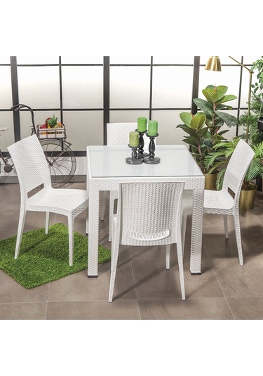 Rattan Camlı 80x80 Masa Takımı 4 Kolsuz Sandalye Beyaz Bahçe Balkon Teras Beyaz