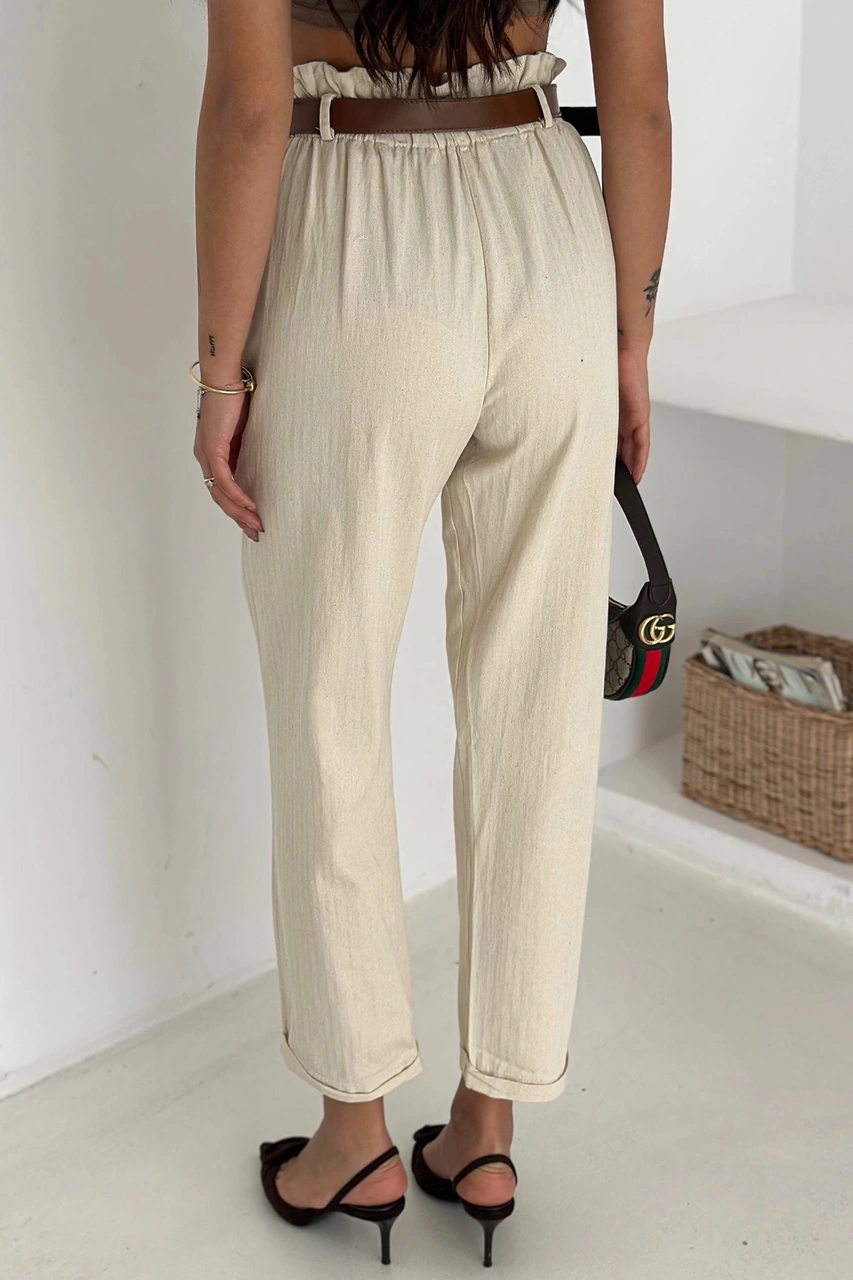 Yıkamalı Pamuk Yağmur Gabardin Yüksek Bel Pantolon Bej Bej