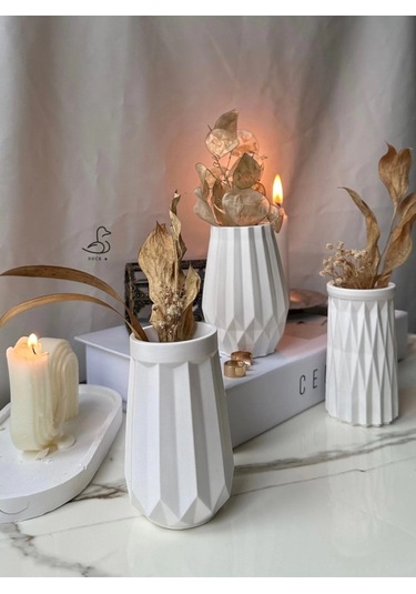 Geometrik Desenli Vazo Set 6 Lı 12 Cm Beyaz