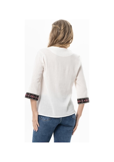 Truvakar Kol V Yaka Nakışlı Talya Şile Bezi Yazlık Bluz Krem Krm-krem