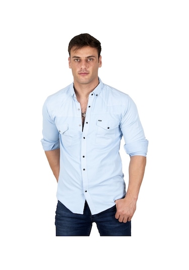 Deepsea Erkek Buz Mavisi Çıtçıtlı Kot Gömlek 2300419 Buz Mavi