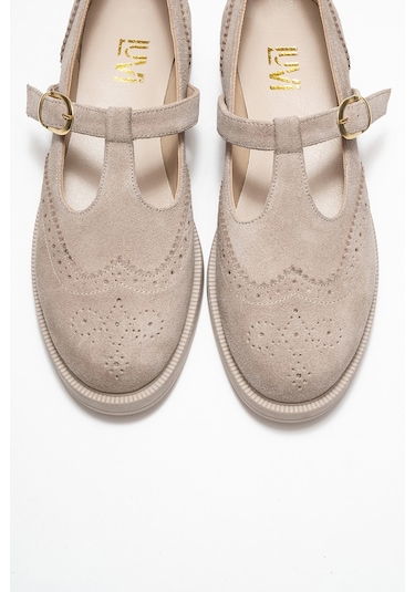 Janney Bej Süet Hakiki Deri Bantlı Kadın Loafer Ayakkabı Bej Süet