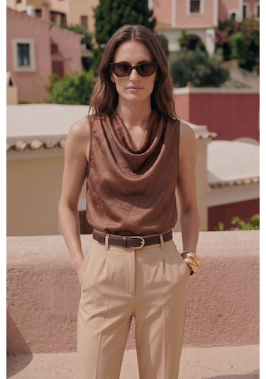 Sateen Degaje Yaka Saten Bluz - Açık Kahve-137427 Açık Kahverengi