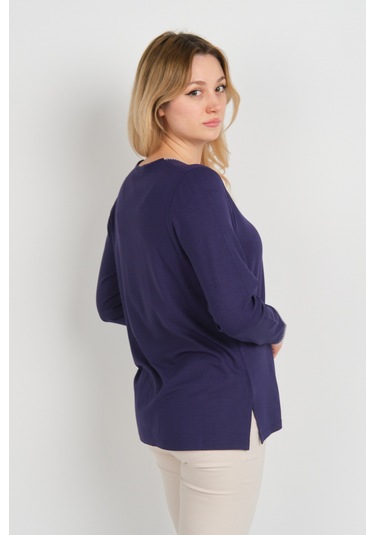 Detay Triko Kadın V Yaka Taş İşlemeli Uzun Kol Anne Bluz 5751 Mor Mor