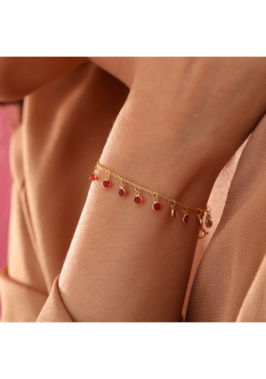 925 Ayar Gümüş Ful Sallantılı Kırmızı Renk Geçişli Bileklik Altın