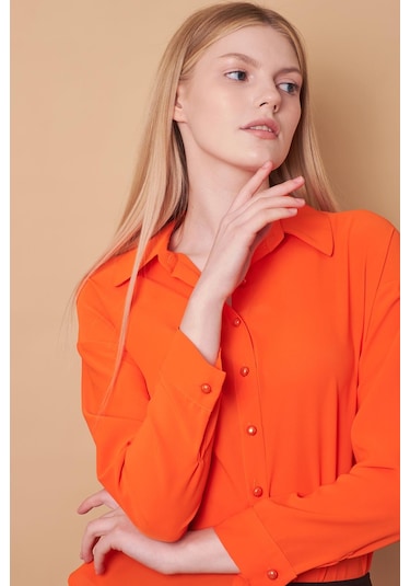 Kadın Yakalı Düşük Omuzlu Uzun Kol Likrasız Kumaş Gömlek-oranj Oranj