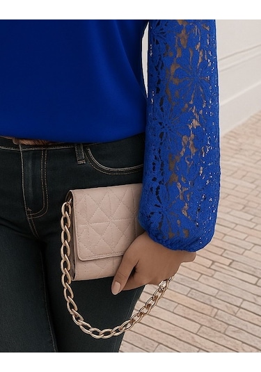 Tua Moda Kadın Uzun Kollu Asimetrik Yakalı Dantelli Ithal Krep Bluz Saks Mavi