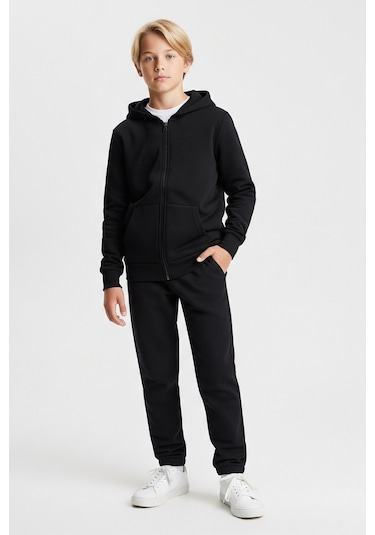 Fermuarlı Kanguru Cepli Kapüşonlu Düz Baskısız Erkek Çocuk Eşofman Takımı Siyah