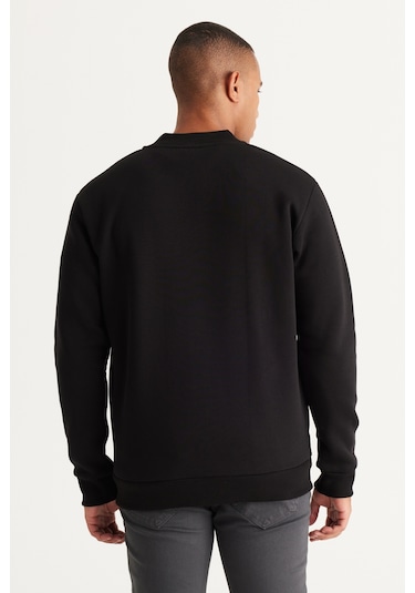 AC&Co / Altınyıldız Classics Erkek Sıyah Standart Fit Normal Kesim İçi Polarlı Kolej Yaka Pamuklu Sweatshirt Siyah