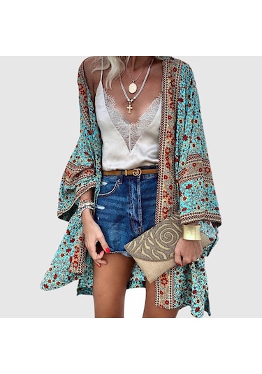 Kadın Yaz Önü Açık Hırka Bohem Tatil Bikini Cover Up Hırka Kimono Dış Giyim Sarı