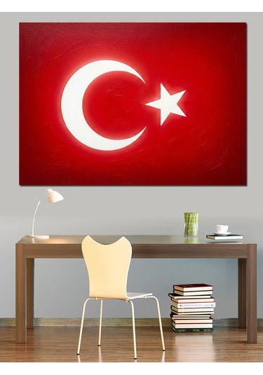 Parlak Ay Yıldız Detaylı Türk Bayrağı Dekoratif Kanvas - Mdf Ahşap Tablo