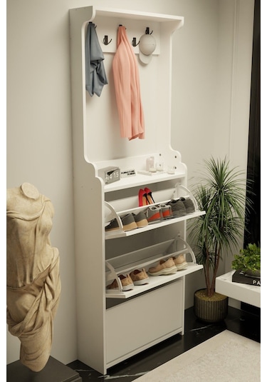 Modus Vestiyer Düşer Kapak Ayakkabılık 3 Raflı Beyaz Beyaz