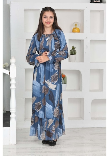 Genç Kız Pamuk Astarlı Şifon Kumaş Uzun Tam Boy Tesettür Elbise Mavi