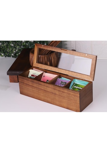 Atby Akasya Ahşap Kapaklı 5 Bölmeli Çay Kutusu 26,5x9x9 Cm Şeffaf Kapaklı Çay Ve Kahve Düzenleyici Kutu Ahşap