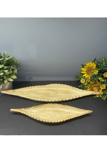 Dekoratif Polyester Ikili Uzun Yaprak Sunumluk Krem Gold Eskitme