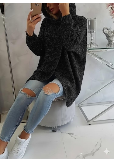 Kırçıllı Siyah Kadın 3 İplik Şardonlu Kapüşonlu Ceket Asimetrik Fermuarlı Oversize Füme