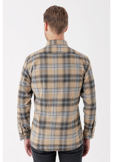 Hardal Uzun Kollu Ekoseli Gabardin Sert Yaka Cepli Garnili Casual Comfort Fit Gömlek 1004235112-hardal Hardal