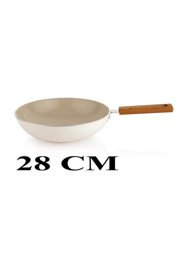 Schafer Ceramoni Seramik Wok Tava 28 Cm Cam Kapaklı-krem Krem