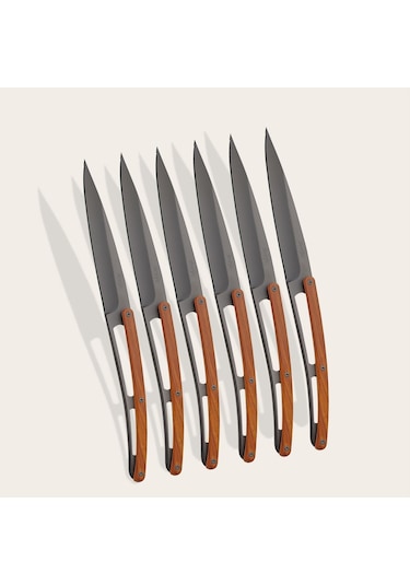 6 Deejo Steak Knives Serrated, Coral Wood