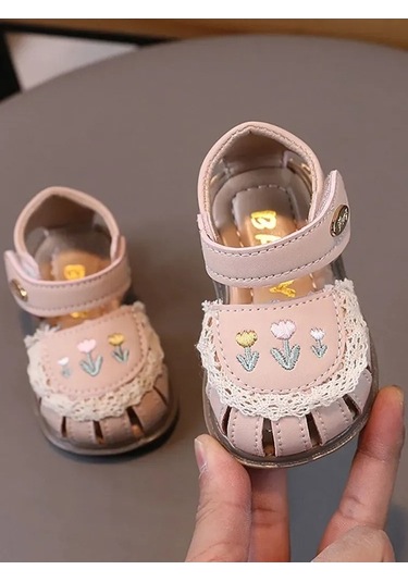 Maoyaya Pu Deri Yumuşak Taban Lale İşlemeli Bebek Yürüme Sandaleti - Bej Renk, 16-20 Beden Bej Bej