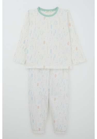 Breeze Kız Çocuk Pijama Takımı Bahar Fısıltısı Renkli Yapraklar Desenli 4-8 Yaş, Ekru Ekru