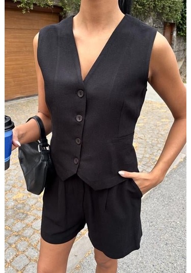 Yelek Şort Flamlı Keten Takım 10133-17 Si Yah