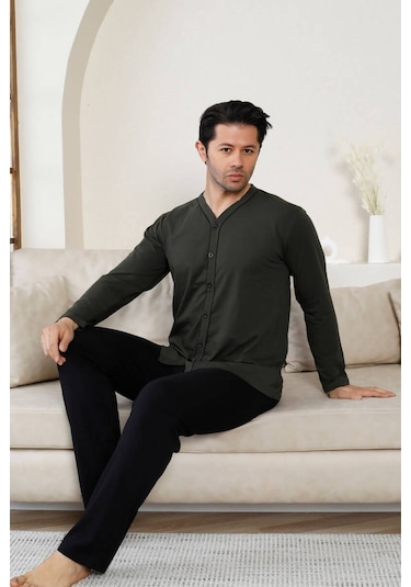 Erkek V Yaka Önden Düğmeli Pamuk Likra Mevsimlik Uzun Kol Cepli Pijama Takımı Haki