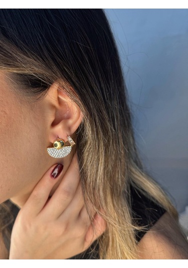 Yarım Ay Zirkon Taşlı Altın Renk Modern Küpe Kadın Çelik Küpe Altın