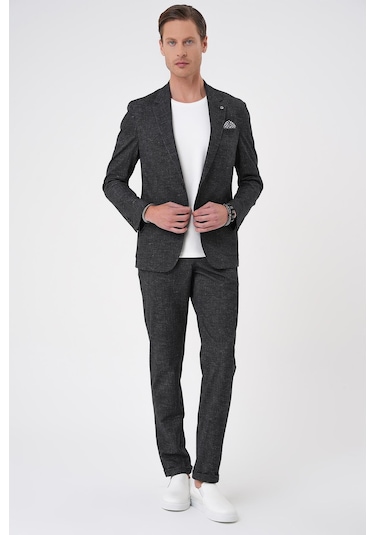 Comfort Fit Mono Yaka Çift Yırtmaç Torba Cep Casual Siyah Ceket C 701 Siyah