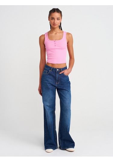 Dilvin 20983 Düğmeli Kare Yaka Top-pembe Pembe