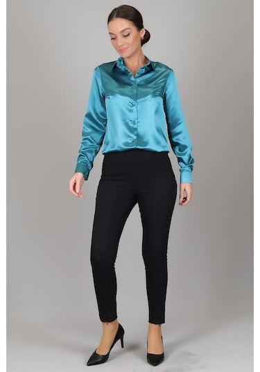 Sweetness Kadın Petrol Yeşili Saten Uzun Kol Abiye Gömlek Yeşil