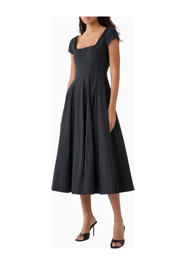 Staud Short Sleeve Wells Midi Elbise Siyah