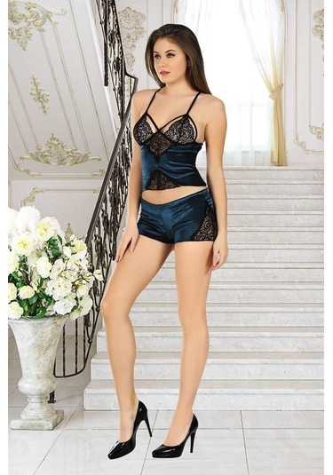 Sistina Bayan Petrol Yeşili Kadife Sabahlık Şortlu Takım 1397 Petrol Yeşili