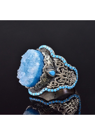 El Yapımı 925 Ayar Gümüş Erkek Yüzük İle Doğal Taş - Kültürel Tasarım Mavi Drusy Kristali Gümüş