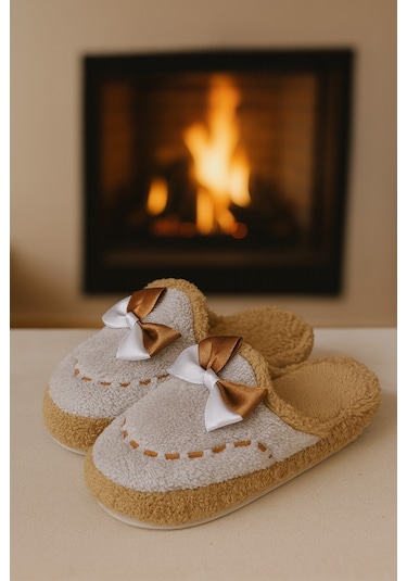 Golden Fiyonklu Kapalı Kadın Ev Terliği Günlük Rahat Kışlık Terlik Gri