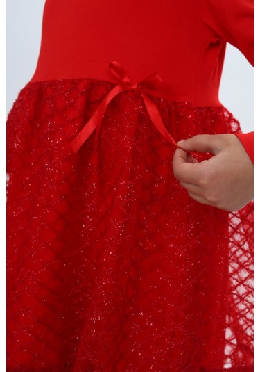 Toontoy Kız Çocuk Fırfırlı Tüllü Elbise Kırmızı