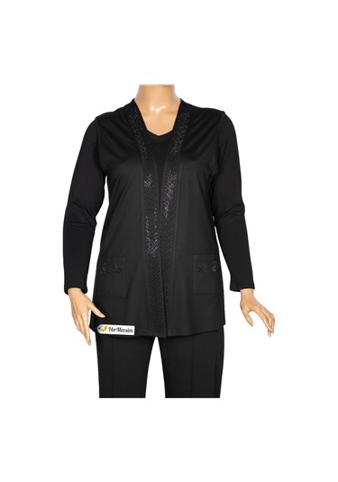 Hesna Kadın Tansu Taşlı Cepli Penye Siyah Yelek Siyah