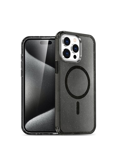 İphone 15 Pro Max Uyumlu Renkli Magneticsafe Parlayan Simli A+ Kalite Silikon Kapak - Siyah