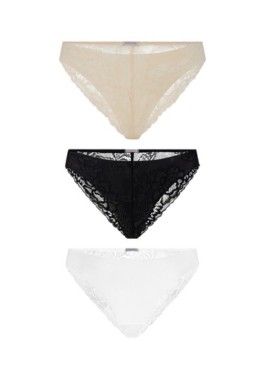 Eve Ten Siyah Beyaz 3'lü Dikişsiz İz Belli Etmeyen Dantelli Brazilian Külot Set Ten